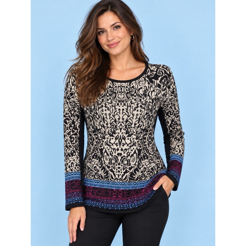 Nic + Zoe PL Sweater FITS M Black Ivory Paisley Boho Print L-Sleeves Artsy Chic